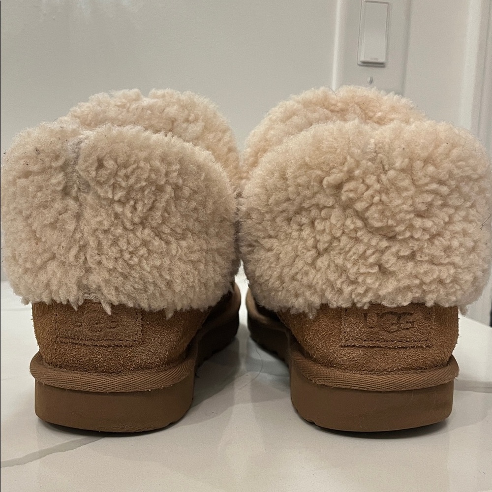 UGG Chestnut Suede Slippers with Cream Shearling Cuff
